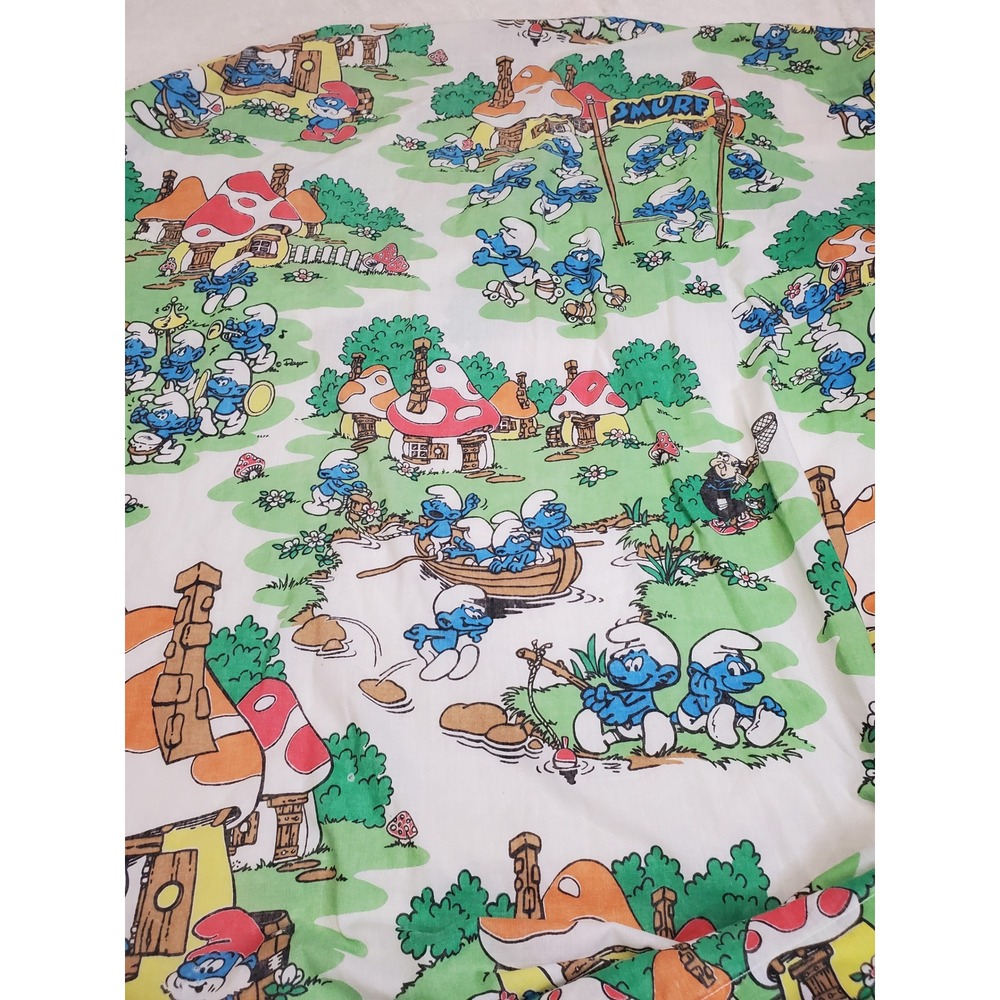 Vintage Lawtex 1980s 80s Smurfs Village Fabric Twin Flat Sheet Retro Gargamel